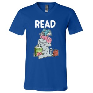 Funny Teacher Library Read Book Club Piggie Elephant Pigeons V-Neck T-Shirt