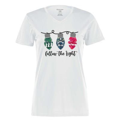 Follow The Light Christ Xmas Light Women's Momentum V-Neck T-Shirt