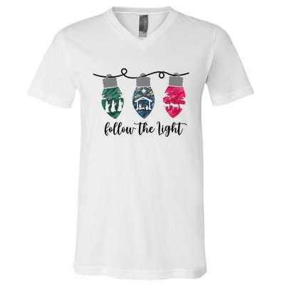 Follow The Light Christ Xmas Light V-Neck T-Shirt