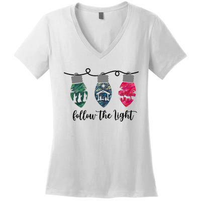 Follow The Light Christ Xmas Light Women's V-Neck T-Shirt