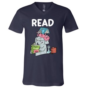 Funny Teacher Library Read Book Club Piggie Elephant Pigeons V-Neck T-Shirt