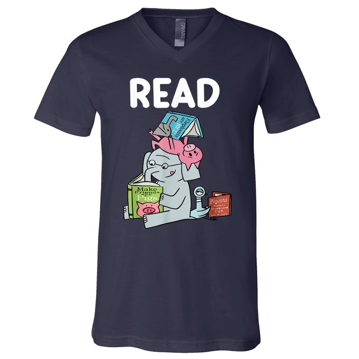 Funny Teacher Library Read Book Club Piggie Elephant Pigeons V-Neck T-Shirt