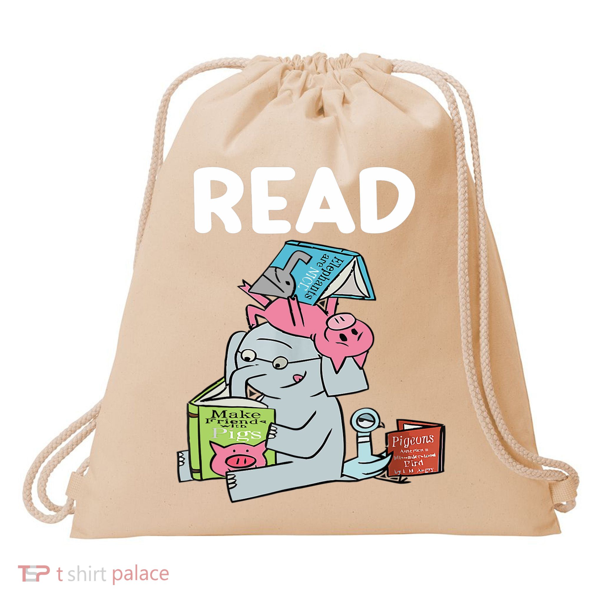 Funny Teacher Library Read Book Club Piggie Elephant Pigeons Drawstring Bag