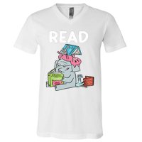 Funny Teacher Library Read Book Club Piggie Elephant Pigeons V-Neck T-Shirt