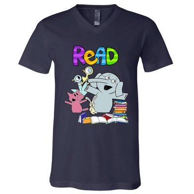 Funny Teacher Library Read Book Club Piggie Elephant Pigeons V-Neck T-Shirt