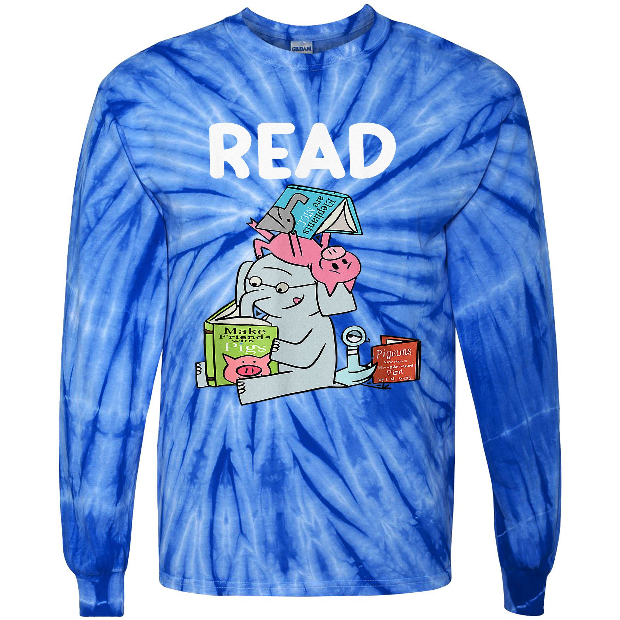Funny Teacher Library Read Book Club Piggie Elephant Pigeons Tie-Dye Long Sleeve Shirt