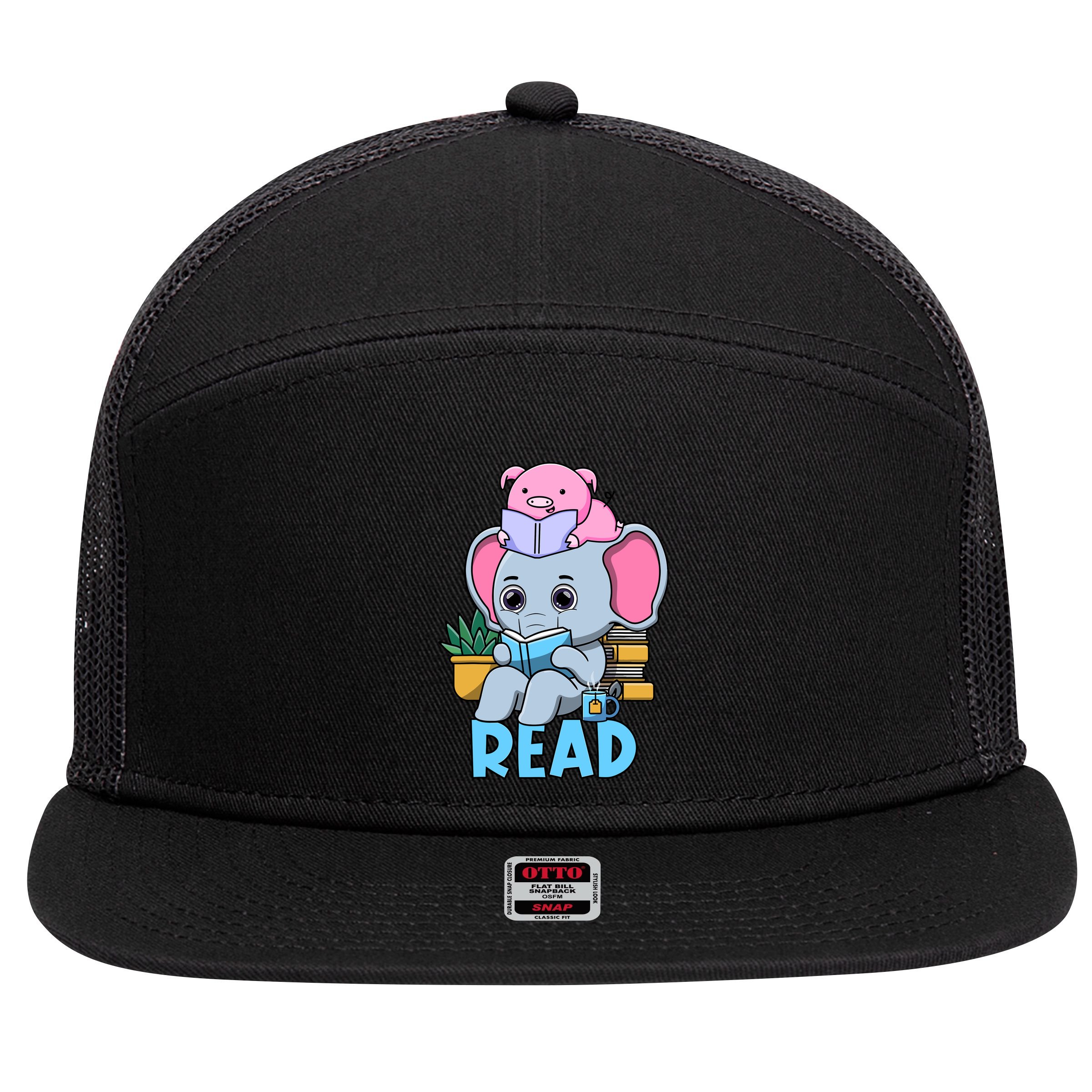 Funny Teacher Library Read Book Club Cute Piggie Elephant 7 Panel Mesh Trucker Snapback Hat