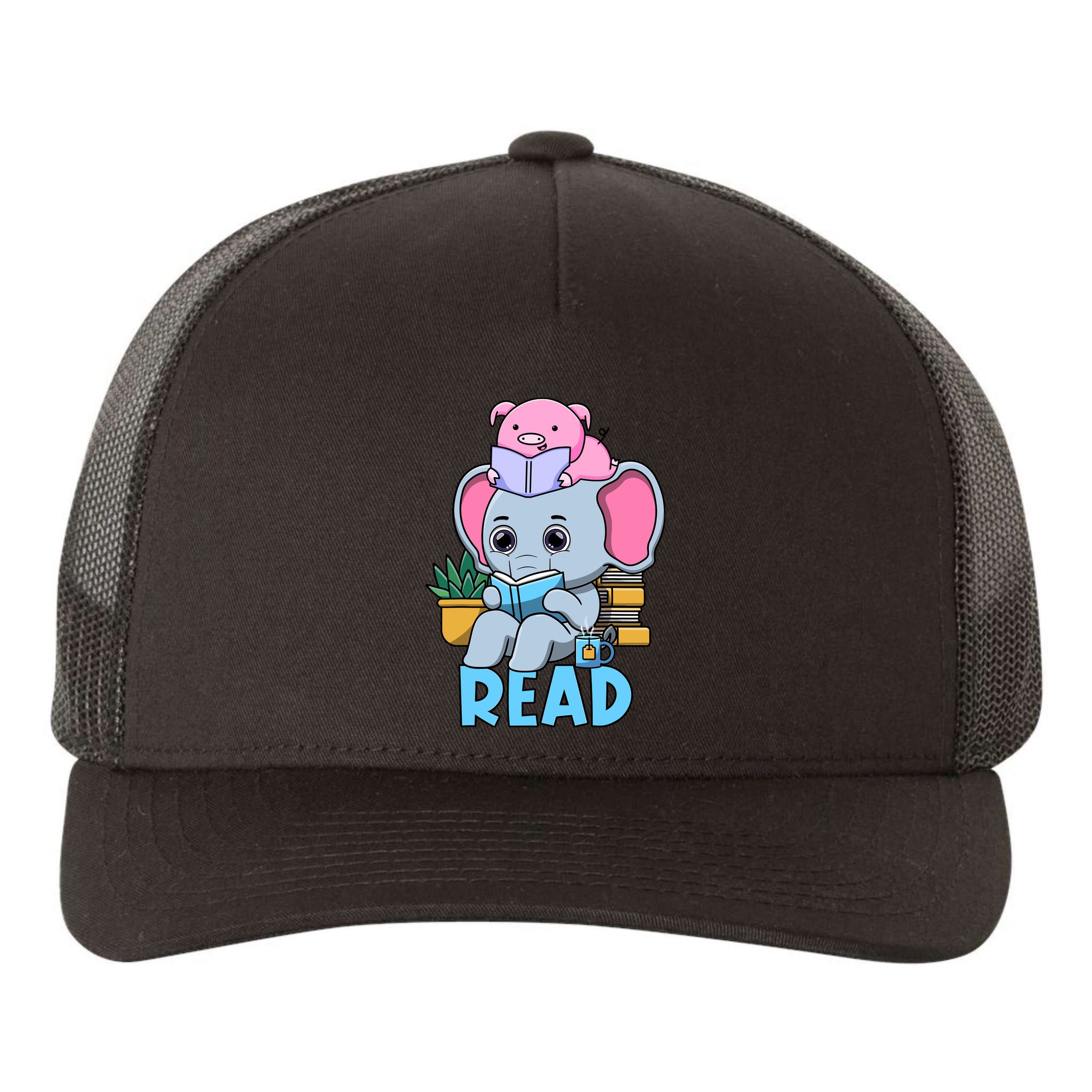 Funny Teacher Library Read Book Club Cute Piggie Elephant Yupoong Adult 5-Panel Trucker Hat