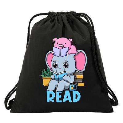 Funny Teacher Library Read Book Club Cute Piggie Elephant Drawstring Bag