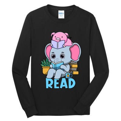 Funny Teacher Library Read Book Club Cute Piggie Elephant Tall Long Sleeve T-Shirt