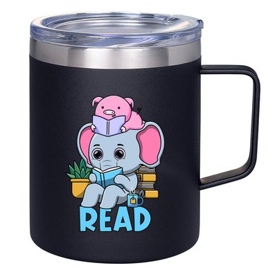 Funny Teacher Library Read Book Club Cute Piggie Elephant 12oz Stainless Steel Coffee Mug