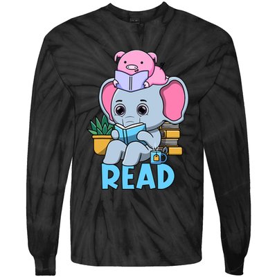 Funny Teacher Library Read Book Club Cute Piggie Elephant Tie-Dye Long Sleeve Shirt