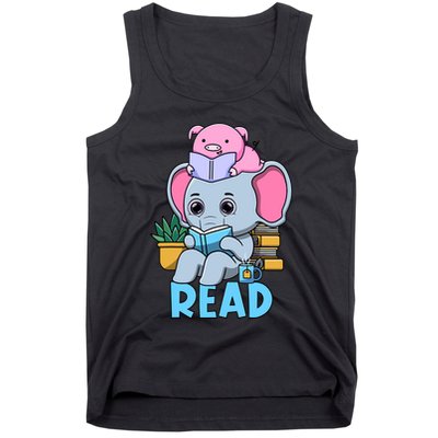 Funny Teacher Library Read Book Club Cute Piggie Elephant Tank Top