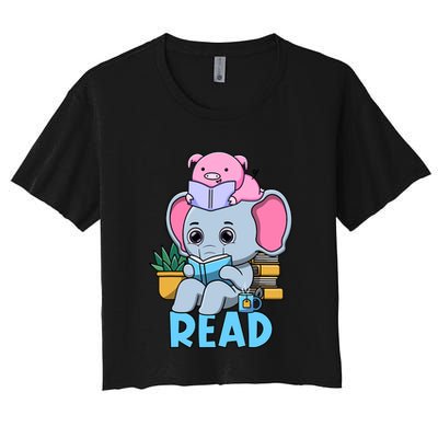 Funny Teacher Library Read Book Club Cute Piggie Elephant Crop Top