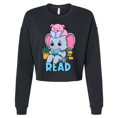 Funny Teacher Library Read Book Club Cute Piggie Elephant Cropped Pullover Crew