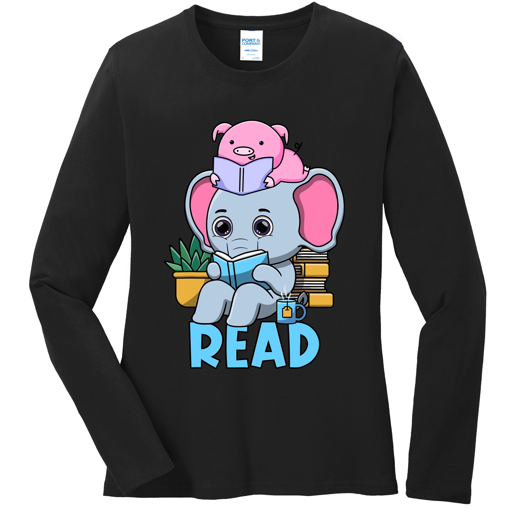 Funny Teacher Library Read Book Club Cute Piggie Elephant Ladies Long Sleeve Shirt