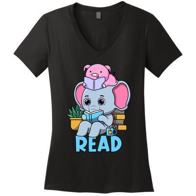 Funny Teacher Library Read Book Club Cute Piggie Elephant Women's V-Neck T-Shirt