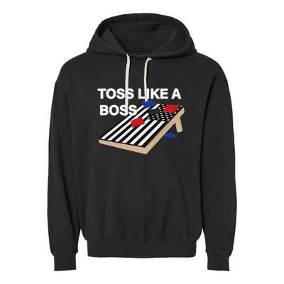 Funny Toss Like A Boss Cornhole Toss Competition US Flag Tee Garment-Dyed Fleece Hoodie