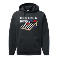 Funny Toss Like A Boss Cornhole Toss Competition US Flag Tee Performance Fleece Hoodie