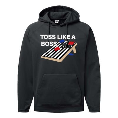 Funny Toss Like A Boss Cornhole Toss Competition US Flag Tee Performance Fleece Hoodie