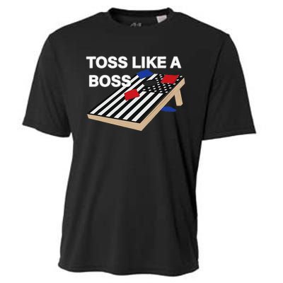 Funny Toss Like A Boss Cornhole Toss Competition US Flag Tee Cooling Performance Crew T-Shirt