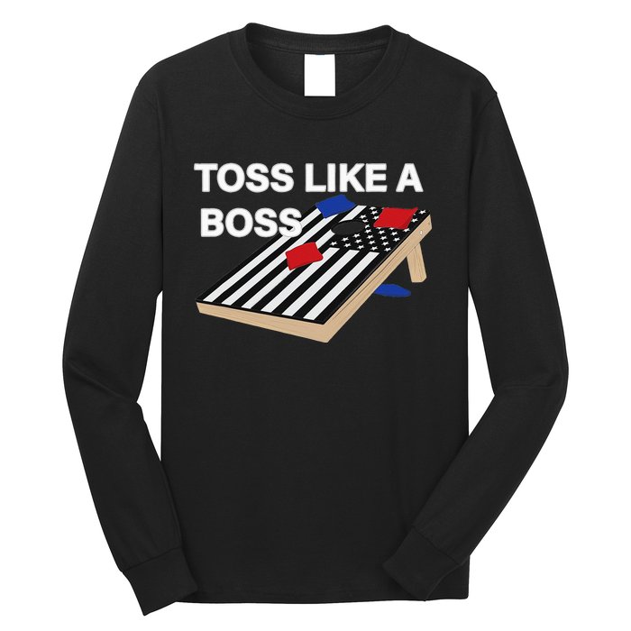 Funny Toss Like A Boss Cornhole Toss Competition US Flag Tee Long Sleeve Shirt