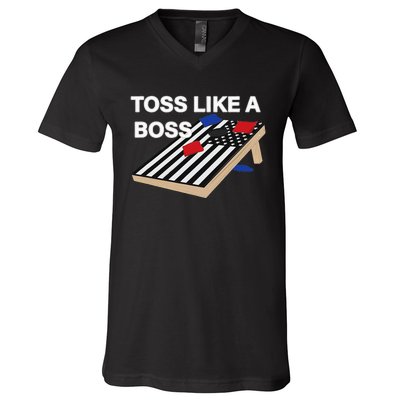 Funny Toss Like A Boss Cornhole Toss Competition US Flag Tee V-Neck T-Shirt