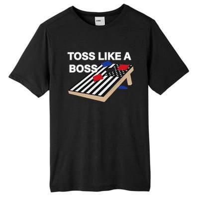 Funny Toss Like A Boss Cornhole Toss Competition US Flag Tee Tall Fusion ChromaSoft Performance T-Shirt