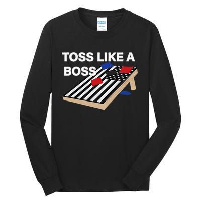 Funny Toss Like A Boss Cornhole Toss Competition US Flag Tee Tall Long Sleeve T-Shirt