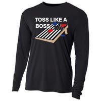 Funny Toss Like A Boss Cornhole Toss Competition US Flag Tee Cooling Performance Long Sleeve Crew