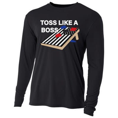 Funny Toss Like A Boss Cornhole Toss Competition US Flag Tee Cooling Performance Long Sleeve Crew