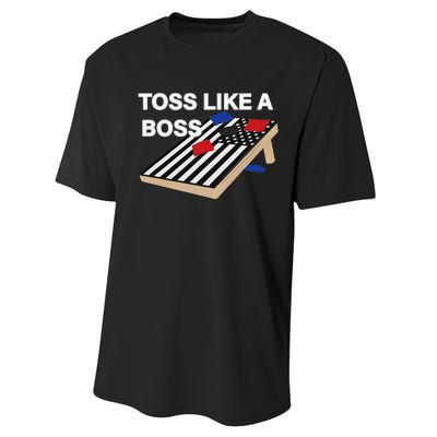 Funny Toss Like A Boss Cornhole Toss Competition US Flag Tee Performance Sprint T-Shirt