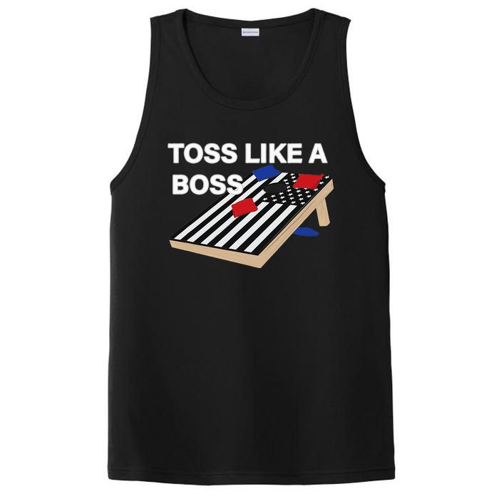 Funny Toss Like A Boss Cornhole Toss Competition US Flag Tee PosiCharge Competitor Tank