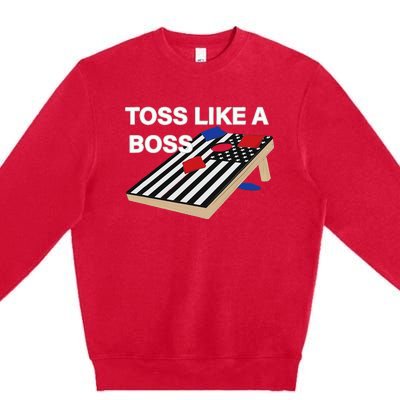 Funny Toss Like A Boss Cornhole Toss Competition US Flag Tee Premium Crewneck Sweatshirt