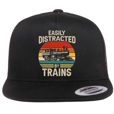 Funny Train Lover Railroad Cool Gift Retro Easily Distracted By Trains  Flat Bill Trucker Hat