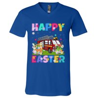 Fire Truck Lover Happy Easter Bunny Fire Truck Easter Sunday Gift V-Neck T-Shirt