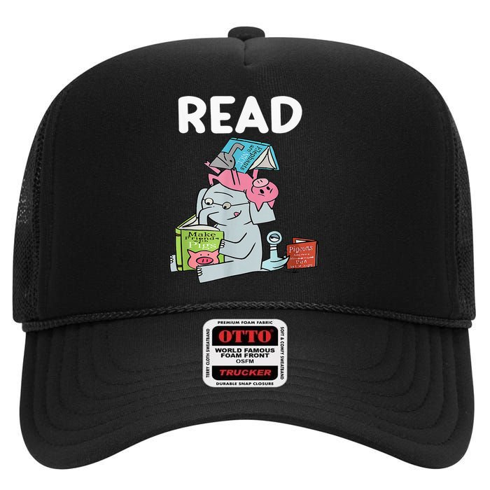 Funny Teacher Library Read Book Club Piggie Elephant Pigeons High Crown Mesh Back Trucker Hat