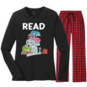 Funny Teacher Library Read Book Club Piggie Elephant Pigeons Women's Long Sleeve Flannel Pajama Set 