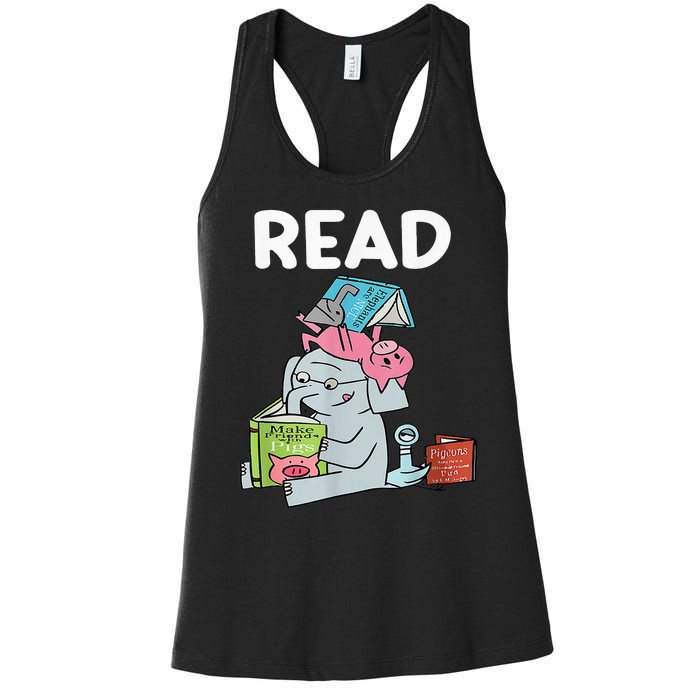 Funny Teacher Library Read Book Club Piggie Elephant Pigeons Women's Racerback Tank