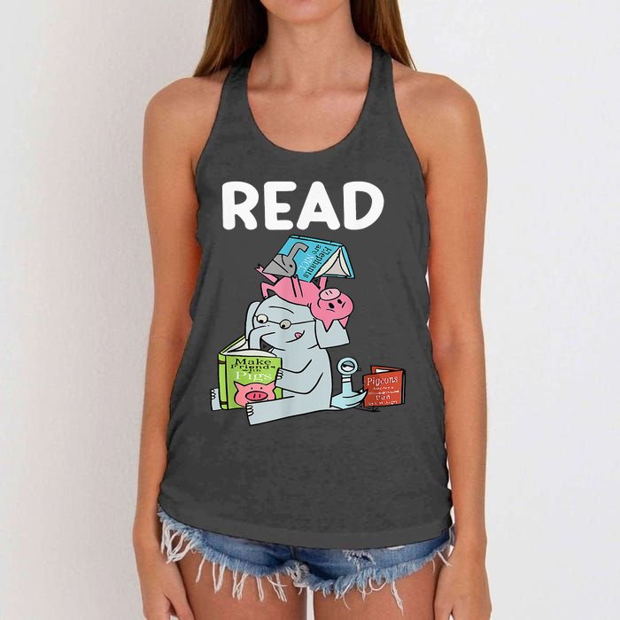 Funny Teacher Library Read Book Club Piggie Elephant Pigeons Women's Knotted Racerback Tank