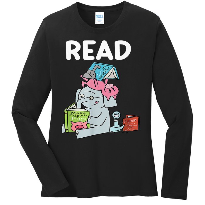 Funny Teacher Library Read Book Club Piggie Elephant Pigeons Ladies Long Sleeve Shirt