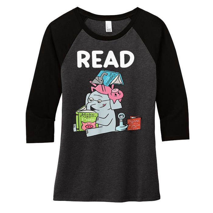 Funny Teacher Library Read Book Club Piggie Elephant Pigeons Women's Tri-Blend 3/4-Sleeve Raglan Shirt