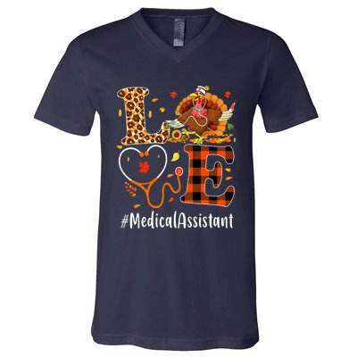 Funny Thanksgiving Medical Assistant Leopard Ki Love Pumpkin V-Neck T-Shirt