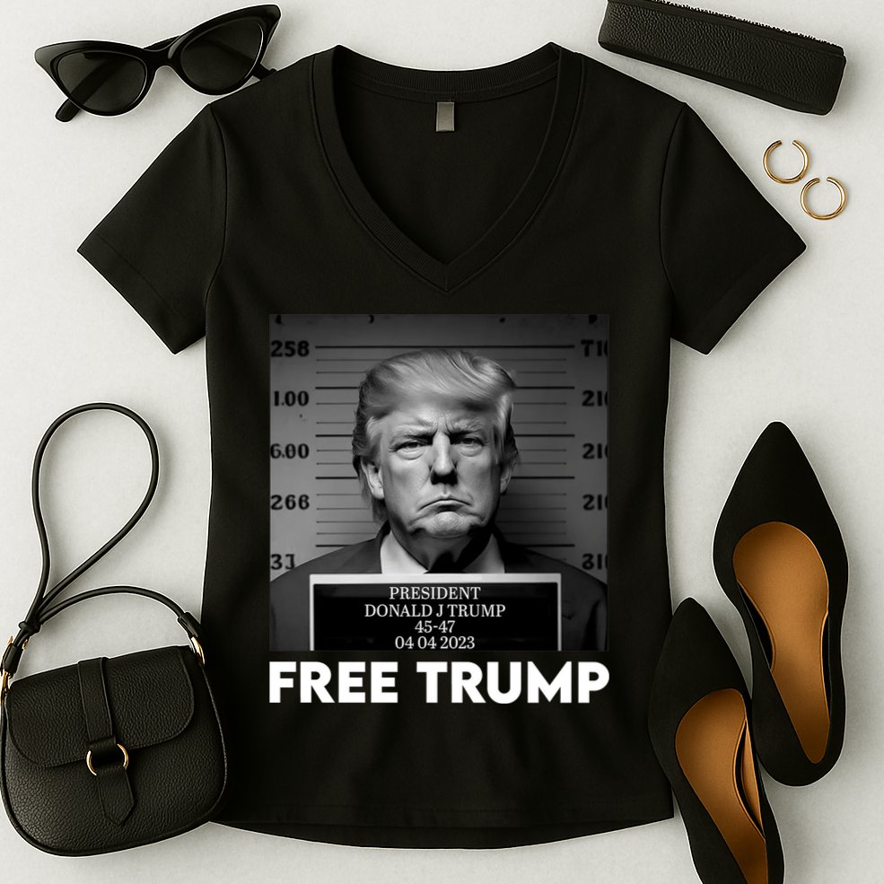 Free Trump Mug Shot Trump Not Guilty MugShot Women's V-Neck T-Shirt