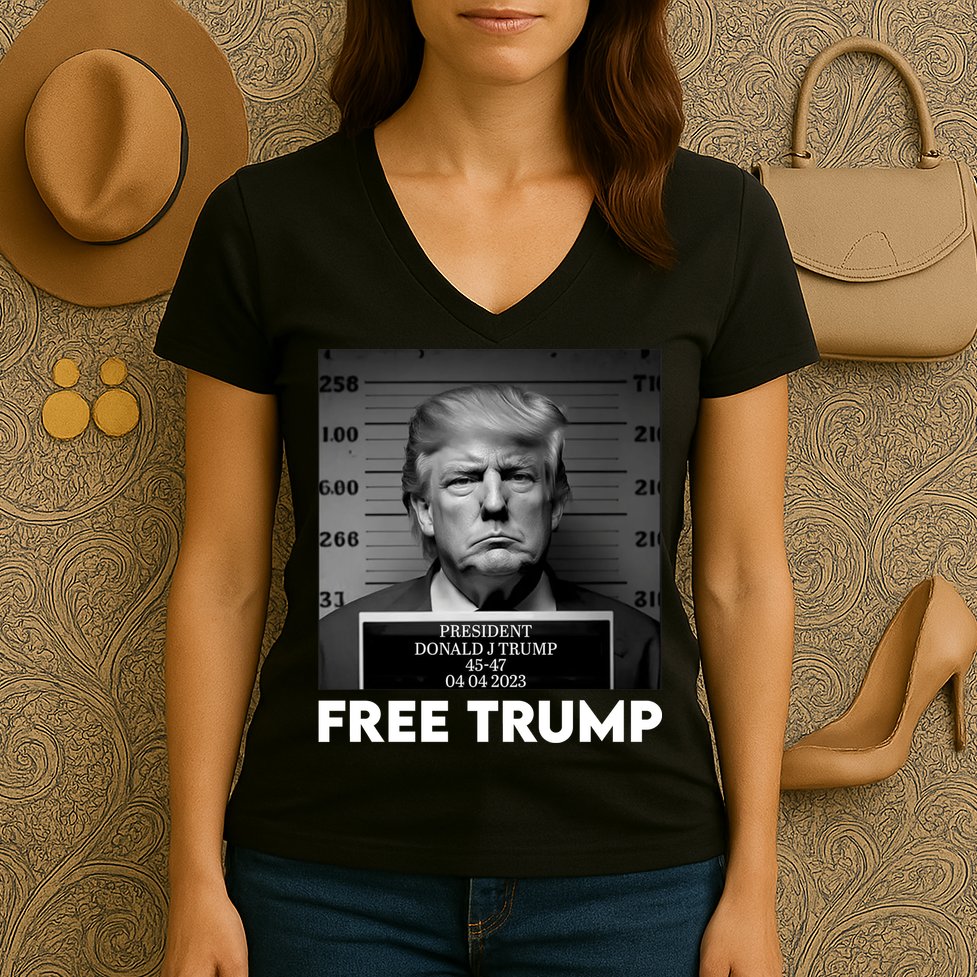 Free Trump Mug Shot Trump Not Guilty MugShot Women's V-Neck T-Shirt