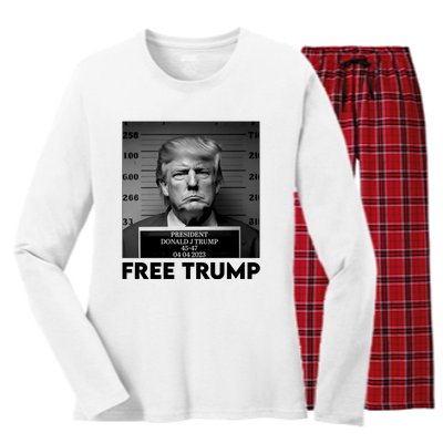 Free Trump Mug Shot Trump Not Guilty MugShot Women's Long Sleeve Flannel Pajama Set 