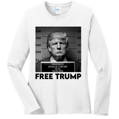 Free Trump Mug Shot Trump Not Guilty MugShot Ladies Long Sleeve Shirt