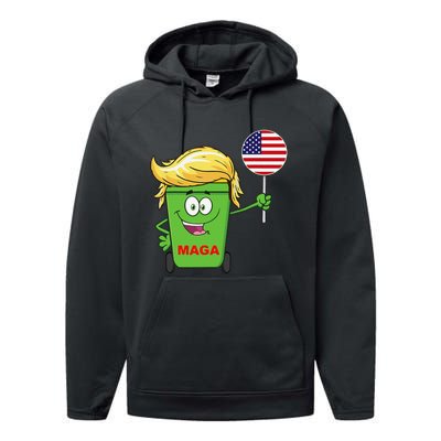 Funny Trump Maga Cartoon Garbage Can American Flag Gift Performance Fleece Hoodie