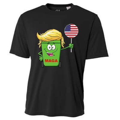 Funny Trump Maga Cartoon Garbage Can American Flag Gift Cooling Performance Crew T-Shirt