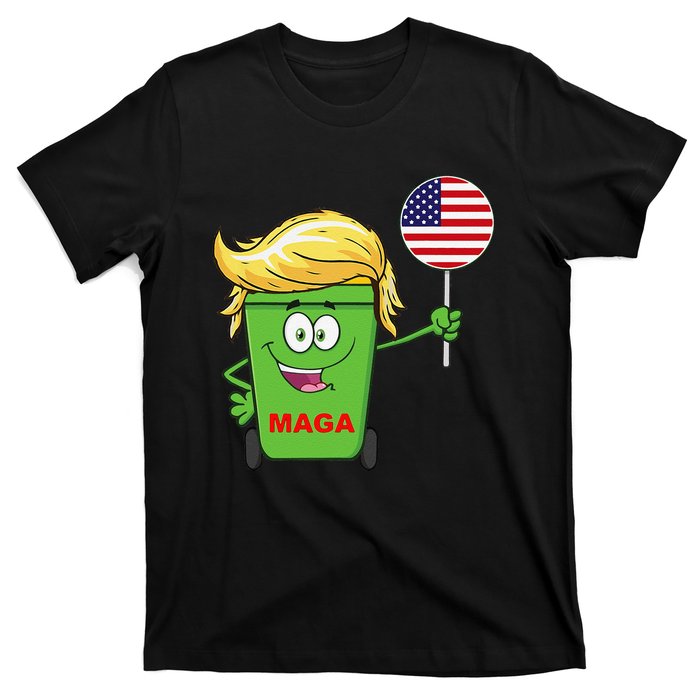 Funny Trump Maga Cartoon Garbage Can American Flag Gift T-Shirt